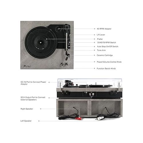  Vinyl Record Player, Vinyl Turntables with Dual Stereo Bookshelf External Speakers, Adjustable 3-Speed Belt-Drive Turntable, LP Player with RCA, Auto Stop（Cement Ash