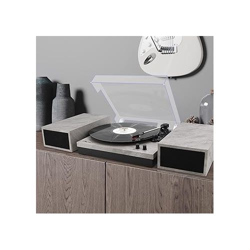  Vinyl Record Player, Vinyl Turntables with Dual Stereo Bookshelf External Speakers, Adjustable 3-Speed Belt-Drive Turntable, LP Player with RCA, Auto Stop（Cement Ash