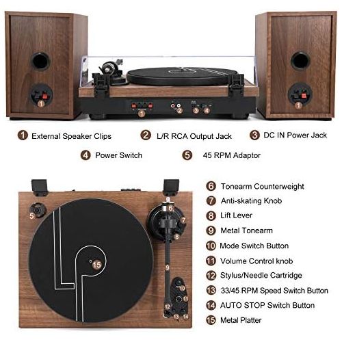  LP&No.1 Wireless Playback Vintage Turntable with Hi-Fi System Stereo Bookshelf Speakers, Bluetooth Belt-Drive Retro Record Player with Moving Magnet Cartridge & Adjustable Counterw