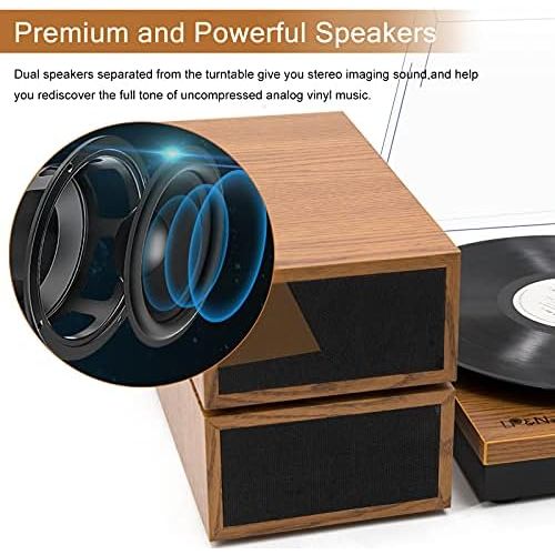  LP&No.1 Retro Bluetooth Record Player with Stereo External Speakers, 3-Speed Belt-Drive Turntable for Vinyl Records with Wireless Playback and Auto-Stop, Yellow Wood