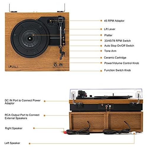  LP&No.1 Retro Bluetooth Record Player with Stereo External Speakers, 3-Speed Belt-Drive Turntable for Vinyl Records with Wireless Playback and Auto-Stop, Yellow Wood