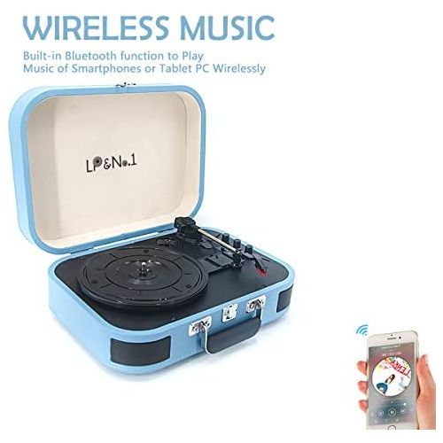  LP&No.1 Portable Bluetooth Turntable with USB Play and Recording,Suitcase 3 Speed Vinyl Record Player with Pitch Control,RCA Output and Aux Input,Blue