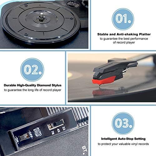  LP&No.1 Portable Bluetooth Turntable with USB Play and Recording,Suitcase 3 Speed Vinyl Record Player with Pitch Control,RCA Output and Aux Input,Blue