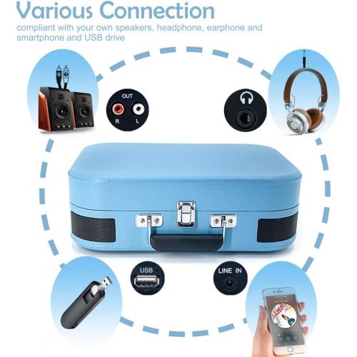  LP&No.1 Portable Bluetooth Turntable with USB Play and Recording,Suitcase 3 Speed Vinyl Record Player with Pitch Control,RCA Output and Aux Input,Blue