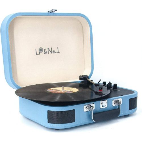  LP&No.1 Portable Bluetooth Turntable with USB Play and Recording,Suitcase 3 Speed Vinyl Record Player with Pitch Control,RCA Output and Aux Input,Blue