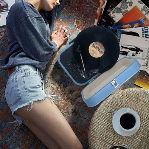  LP&No.1 Portable Bluetooth Turntable with USB Play and Recording,Suitcase 3 Speed Vinyl Record Player with Pitch Control,RCA Output and Aux Input,Blue