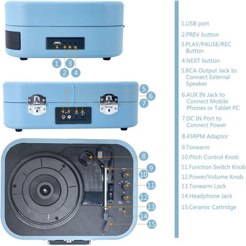  LP&No.1 Portable Bluetooth Turntable with USB Play and Recording,Suitcase 3 Speed Vinyl Record Player with Pitch Control,RCA Output and Aux Input,Blue