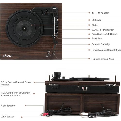 LP&No.1 Bluetooth Vinyl Record Player with External Speakers, 3-Speed Belt-Drive Turntable for Vinyl Albums with Auto Off and Bluetooth Input
