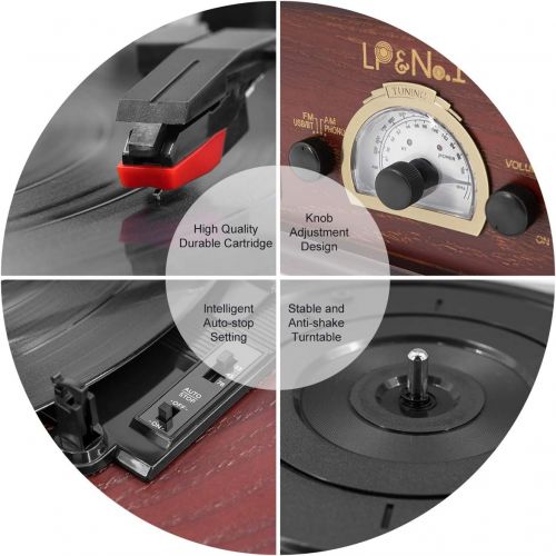  LP&No.1 Bluetooth Vinyl Record Player 3-Speed Belt-Drive Turntable with Dual External Stereo Speakers (Red Wood, Phonograph)