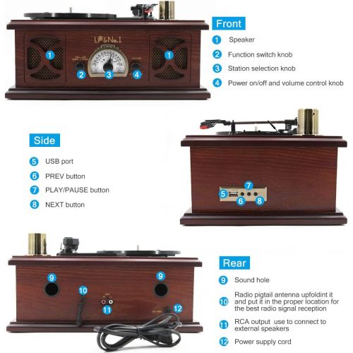  LP&No.1 Bluetooth Vinyl Record Player 3-Speed Belt-Drive Turntable with Dual External Stereo Speakers (Red Wood, Phonograph)