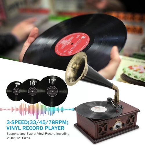  LP&No.1 Bluetooth Vinyl Record Player 3-Speed Belt-Drive Turntable with Dual External Stereo Speakers (Red Wood, Phonograph)