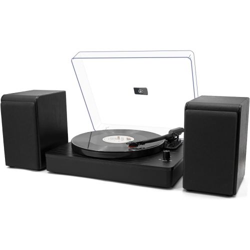  LP&No.1 Bluetooth Turntable HiFi System with Bookshelf Speakers, Retro Belt-Drive Record Player with Adjustable Counterweight, 3 Speed, Solid Black Wood