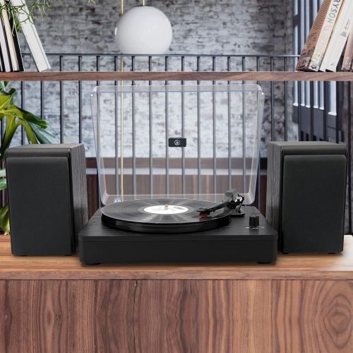  LP&No.1 Bluetooth Turntable HiFi System with Bookshelf Speakers, Retro Belt-Drive Record Player with Adjustable Counterweight, 3 Speed, Solid Black Wood