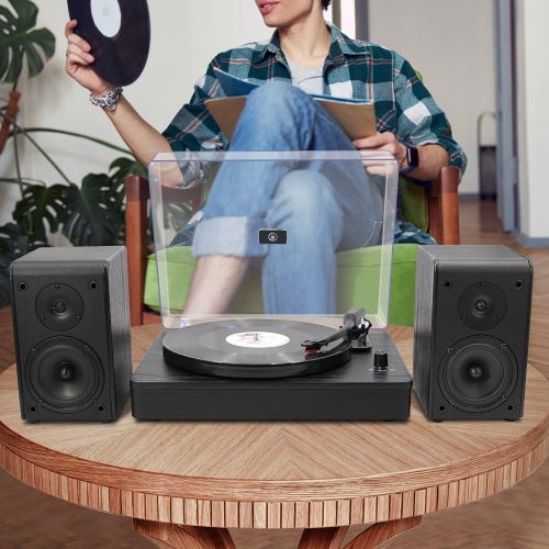 LP&No.1 Bluetooth Turntable HiFi System with Bookshelf Speakers, Retro Belt-Drive Record Player with Adjustable Counterweight, 3 Speed, Solid Black Wood