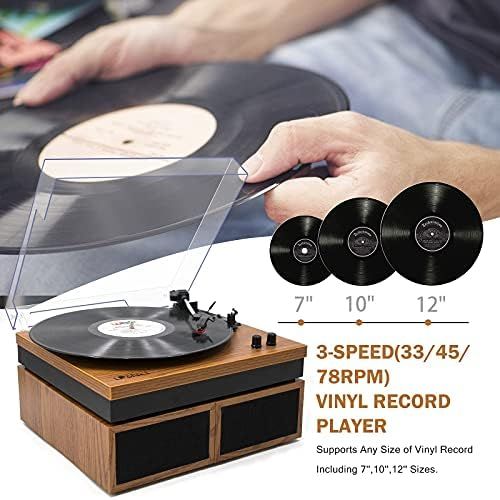  LP&No.1 Retro Bluetooth Record Player with Stereo External Speakers, 3-Speed Belt-Drive Turntable for Vinyl Records with Wireless Playback and Auto-Stop, Yellow Wood