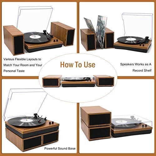  LP&No.1 Retro Bluetooth Record Player with Stereo External Speakers, 3-Speed Belt-Drive Turntable for Vinyl Records with Wireless Playback and Auto-Stop, Yellow Wood