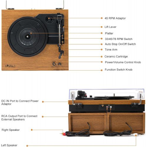  LP&No.1 Retro Bluetooth Record Player with Stereo External Speakers, 3-Speed Belt-Drive Turntable for Vinyl Records with Wireless Playback and Auto-Stop, Yellow Wood