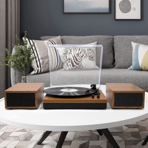  LP&No.1 Retro Bluetooth Record Player with Stereo External Speakers, 3-Speed Belt-Drive Turntable for Vinyl Records with Wireless Playback and Auto-Stop, Yellow Wood