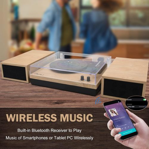  LP&No.1 Bluetooth Vinyl Record Player with External Speakers, 3-Speed Belt-Drive Turntable for Vinyl Albums with Auto Off and Bluetooth Input,Light Wood