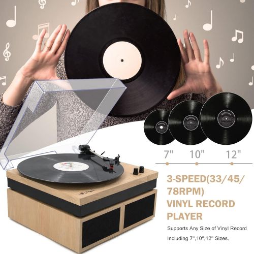  LP&No.1 Bluetooth Vinyl Record Player with External Speakers, 3-Speed Belt-Drive Turntable for Vinyl Albums with Auto Off and Bluetooth Input,Light Wood