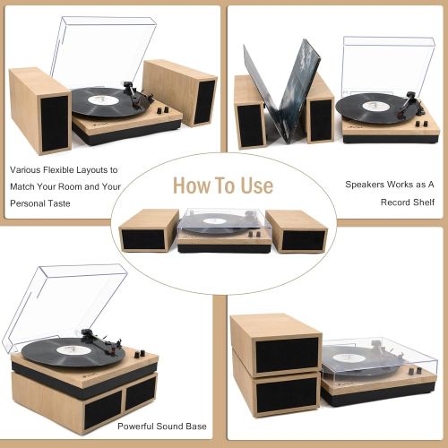  LP&No.1 Bluetooth Vinyl Record Player with External Speakers, 3-Speed Belt-Drive Turntable for Vinyl Albums with Auto Off and Bluetooth Input,Light Wood