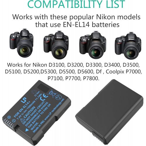  EN-EL14 EN EL14a Battery Charger Pack, LP 2-Pack Battery & Charger, Compatible with Nikon D3500, D5600, D3300, D5100, D5500, D3100, D3200, D5200, D5300, D3400, DF, P7000, P7100, P7