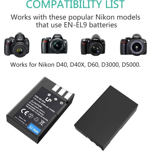  EN-EL9 EN EL9a Battery Charger Pack, LP 2-Pack Battery & Charger, Compatible with Nikon D40, D40X, D60, D3000, D5000 Cameras, Replacement for MH-23