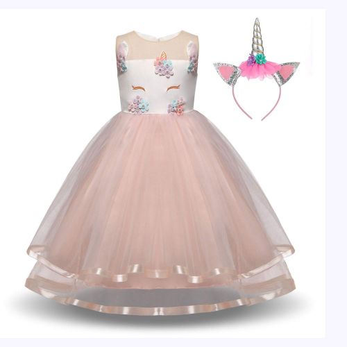  LPBGFDC Girls Unicorn Dress with Headband Princess Dressing Up Costume Outfit Pink Age 2-8 Years