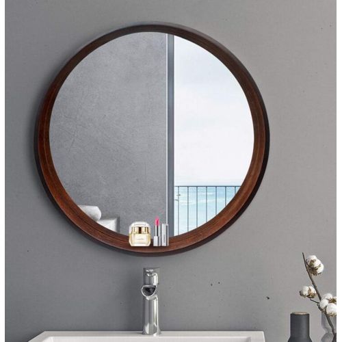  LQY Bathroom Mirror Solid Wood Round Vanity Mirror Bathroom Simple with Frame Mirror Oval Mirror Wall Hanging Decorative Mirror Round Mirror,Brown,6060CM