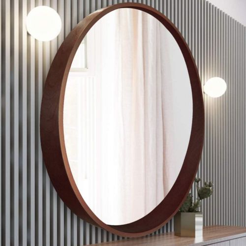  LQY Bathroom Mirror Solid Wood Round Vanity Mirror Bathroom Simple with Frame Mirror Oval Mirror Wall Hanging Decorative Mirror Round Mirror,Brown,6060CM