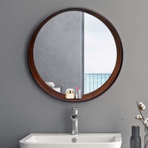  LQY Bathroom Mirror Solid Wood Round Vanity Mirror Bathroom Simple with Frame Mirror Oval Mirror Wall Hanging Decorative Mirror Round Mirror,Brown,6060CM