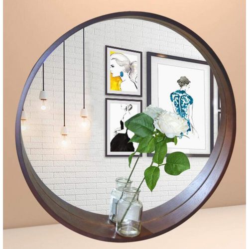  LQY Bathroom Mirror Solid Wood Round Vanity Mirror Bathroom Simple with Frame Mirror Oval Mirror Wall Hanging Decorative Mirror Round Mirror,Brown,6060CM