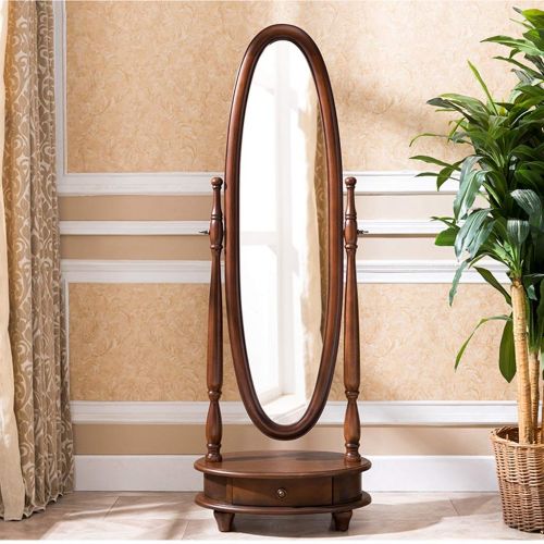  LRXG Floor Mirror,Vintage Solid Wood Free Standing Oval with Storage Antique Bevelled Full Length Mirror for Bedroom Commercial (Color : Dark Coffee Color)