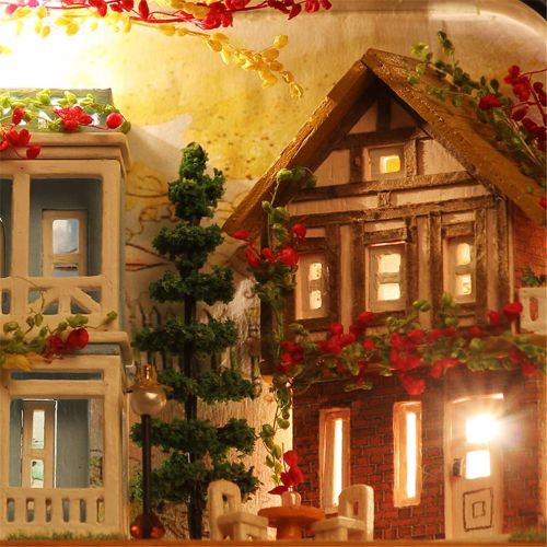  LSQR Miniature Dream Town Doll House DIY Wooden Dollhouse Box Theater 3D Doll Houses Kits Model with Warm Light for Kids Birthday Gift