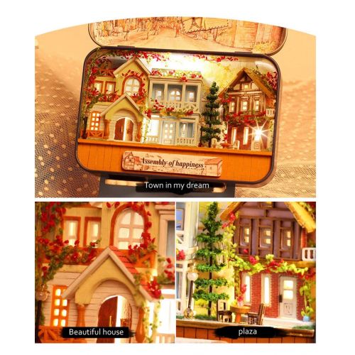  LSQR Miniature Dream Town Doll House DIY Wooden Dollhouse Box Theater 3D Doll Houses Kits Model with Warm Light for Kids Birthday Gift