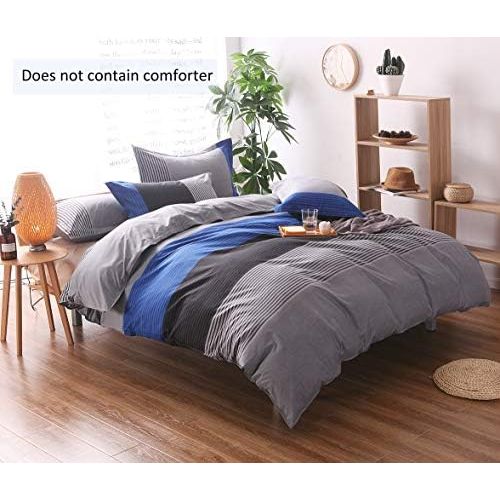  [아마존베스트]Striped Twin Duvet Cover Set (59x83 Inch), 2 Pieces Include 1 Blue Grey and Black Microfiber Duvet Cover Zipper Closure and 1 Multicolored Pillowcase, Bedding Set for Boys, Girls,