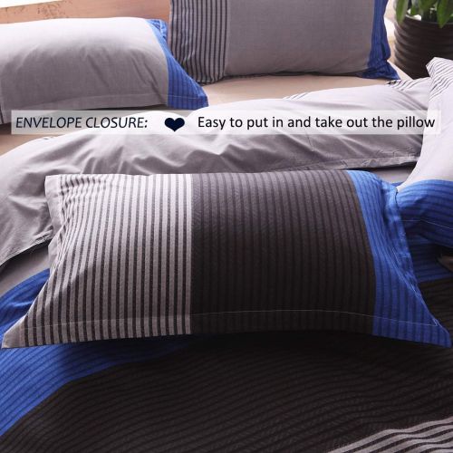  [아마존베스트]Striped Twin Duvet Cover Set (59x83 Inch), 2 Pieces Include 1 Blue Grey and Black Microfiber Duvet Cover Zipper Closure and 1 Multicolored Pillowcase, Bedding Set for Boys, Girls,