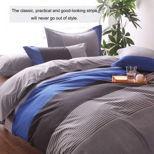  [아마존베스트]Striped Twin Duvet Cover Set (59x83 Inch), 2 Pieces Include 1 Blue Grey and Black Microfiber Duvet Cover Zipper Closure and 1 Multicolored Pillowcase, Bedding Set for Boys, Girls,