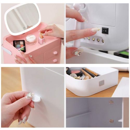  LTOOTA Multi Functional Cosmetics Storage Box with Led Lights and Makeup Mirrors Dormitory Dust Proof Dressing Table Skin Care Products Storage Portable 2 Kinds of Power Supply,1white,BUp