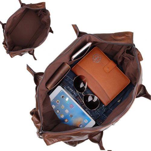  LU&Y Mens Weekend Travel Bags Luggage Waterproof Duffel Bag Large Capacity Bags Casual Leather Handbag Messenger Sports Gym Bags - Brown 42X20x28cm
