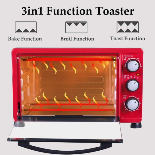  Luby Convection Toaster Oven with Timer, Toast, Broil Settings, Includes Baking Pan, Rack and Crumb Tray, 6-Slice, Red