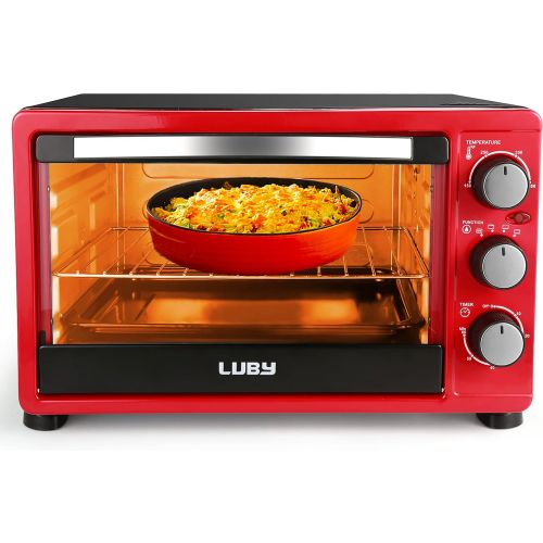  Luby Convection Toaster Oven with Timer, Toast, Broil Settings, Includes Baking Pan, Rack and Crumb Tray, 6-Slice, Red