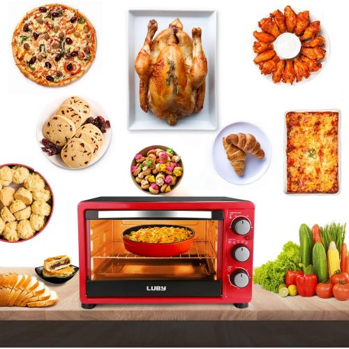  Luby Convection Toaster Oven with Timer, Toast, Broil Settings, Includes Baking Pan, Rack and Crumb Tray, 6-Slice, Red