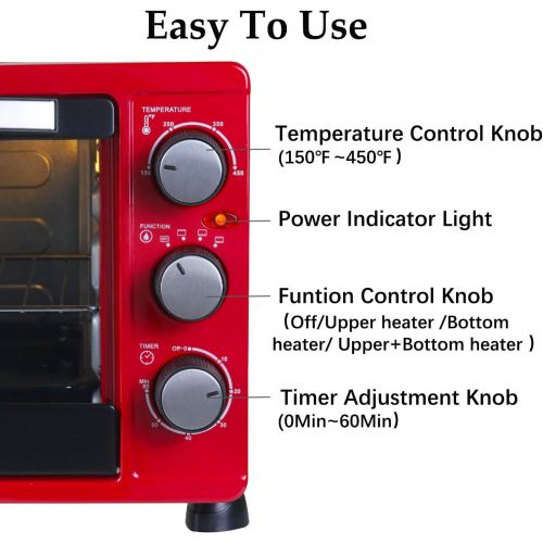  LUBY Convection Toaster Oven with Timer, Toast, Broil Settings, Includes Baking Pan, Rack and Crumb Tray, 6-Slice, Red