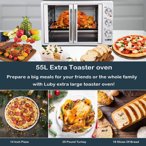  LUBY Large Toaster Oven Countertop, French Door Designed, 55L, 18 Slices, 14 pizza, 20lb Turkey, Silver