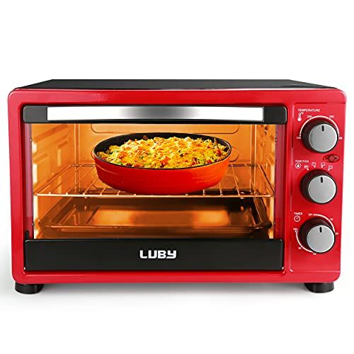  [아마존베스트]Luby Convection Toaster Oven with Timer, Toast, Broil Settings, Includes Baking Pan, Rack and Crumb Tray, 6-Slice, Red