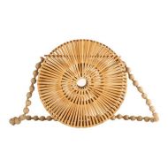 LUCACO Women Hollow Out Bamboo Woven Bag Round Beach Crossbody Shoulder Bag Wooden Tote Straw Tote Bag