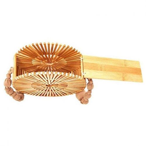  LUCACO Women Hollow Out Bamboo Woven Bag Round Beach Crossbody Shoulder Bag Wooden Tote Straw Tote Bag