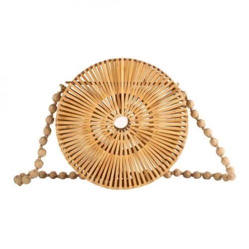  LUCACO Women Hollow Out Bamboo Woven Bag Round Beach Crossbody Shoulder Bag Wooden Tote Straw Tote Bag