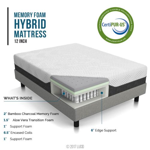  LUCID 12 Inch Twin XL Hybrid Mattress - Bamboo Charcoal and Aloe Vera Infused Memory Foam - Motion Isolating Springs - CertiPUR-US Certified